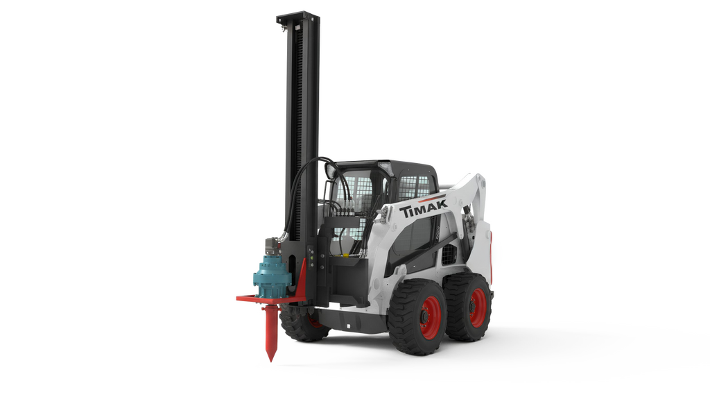 A white skid steer loader with red accents and a large vertical boom, set against a solid black background.