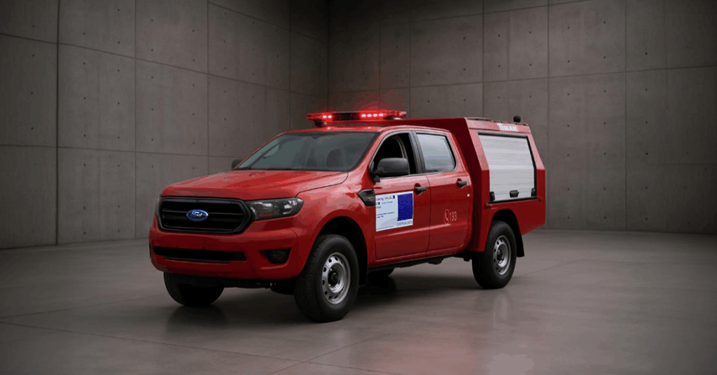 A red Ford Ranger pickup truck with a customized bed, featuring a blue logo on the front grill and a white sign on the driver's side door, situated in a dimly lit, concrete room.