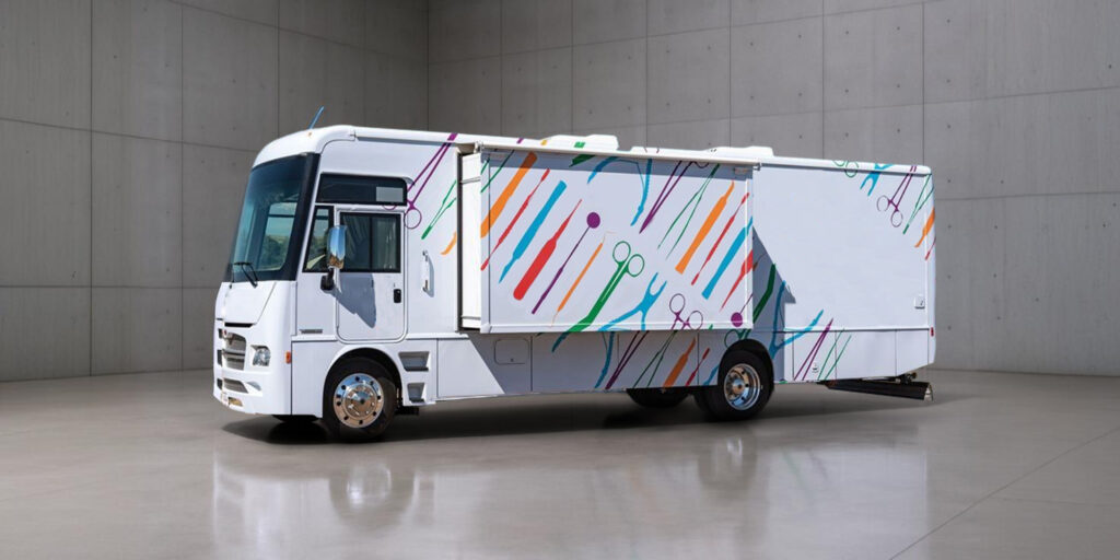 A white, rectangular RV with a colorful design parked in a gray room with a shiny floor.