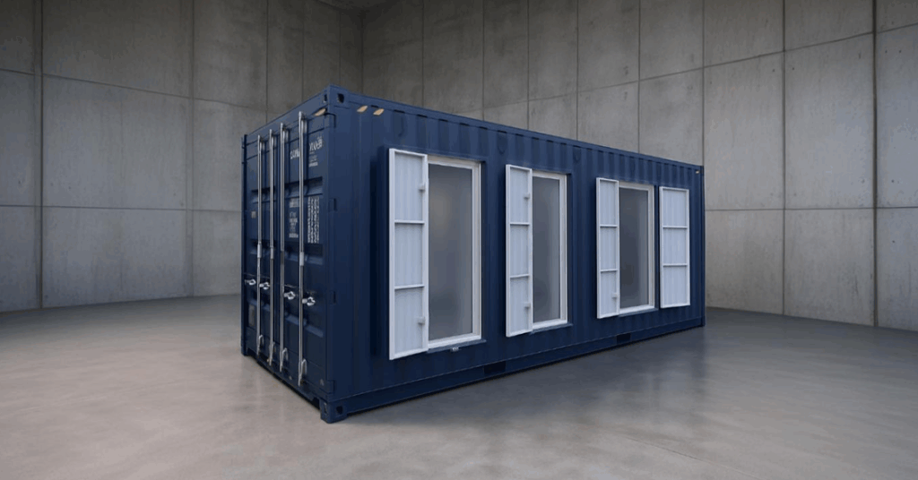 A gray shipping container with white-framed windows, set against a concrete wall and floor.