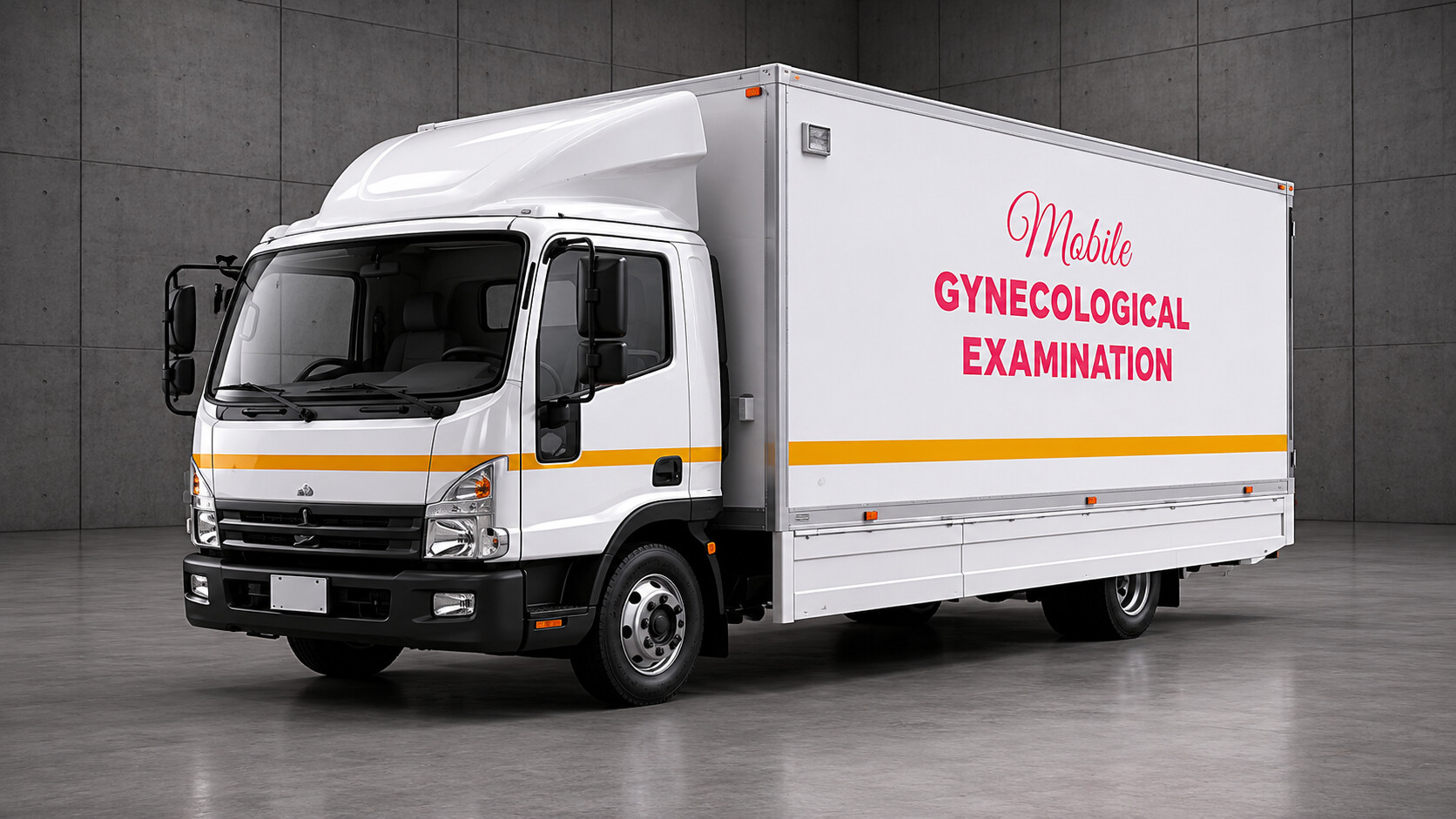 A white and yellow mobile gynecological examination vehicle parked in a gray concrete room.