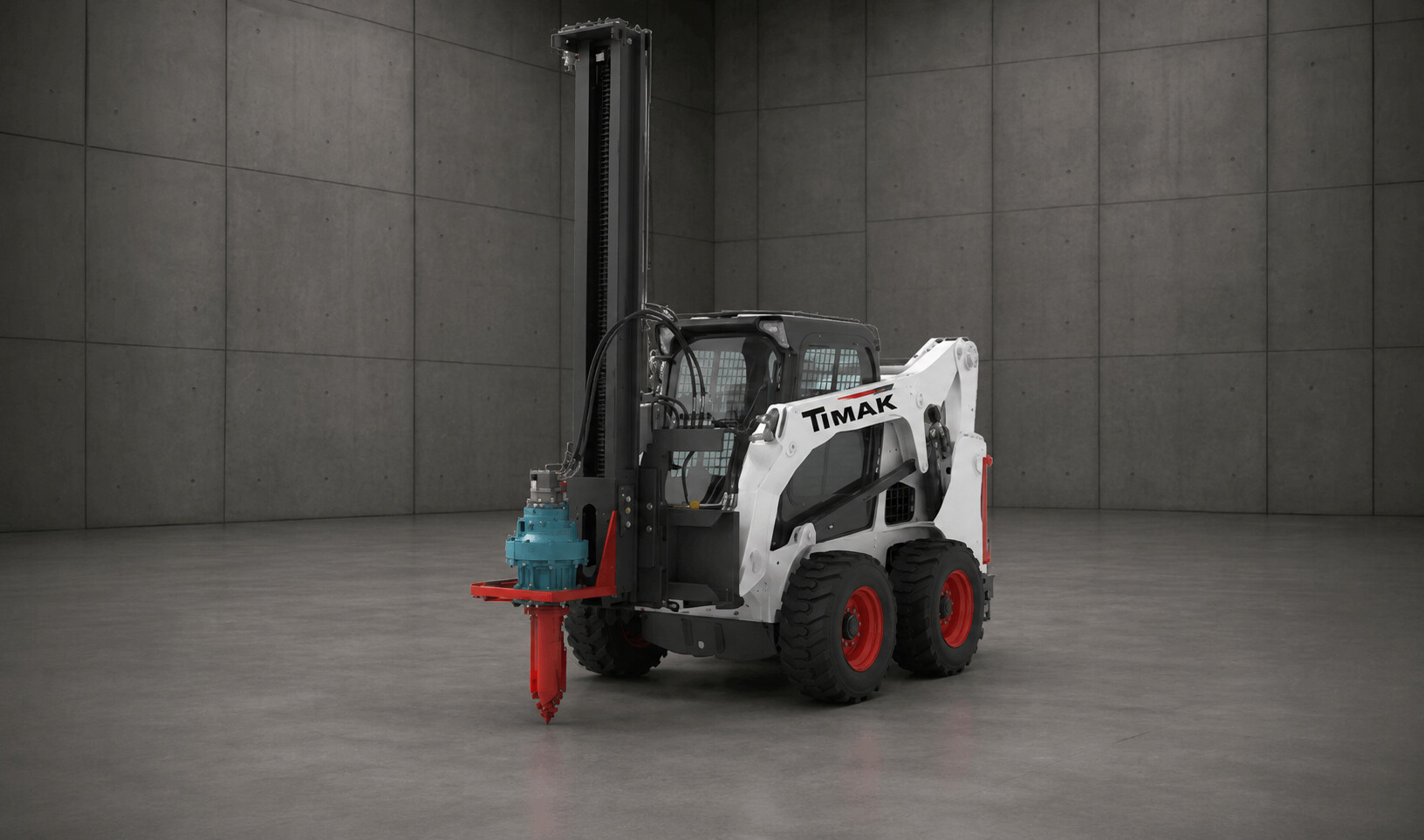 A white and black skid-steer loader with red wheels in a large, empty room with gray walls and floor. The loader has a "Timax" logo on its side.