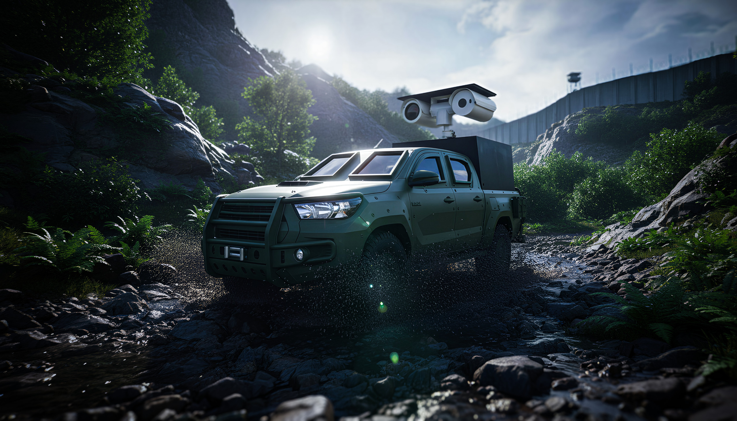A dark green military-style pickup truck driving on a rocky path in a rugged, mountainous area.
