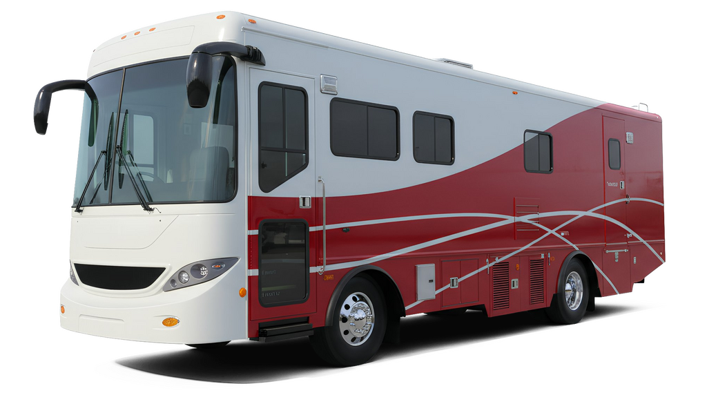 A white and red motorhome set against a black background.