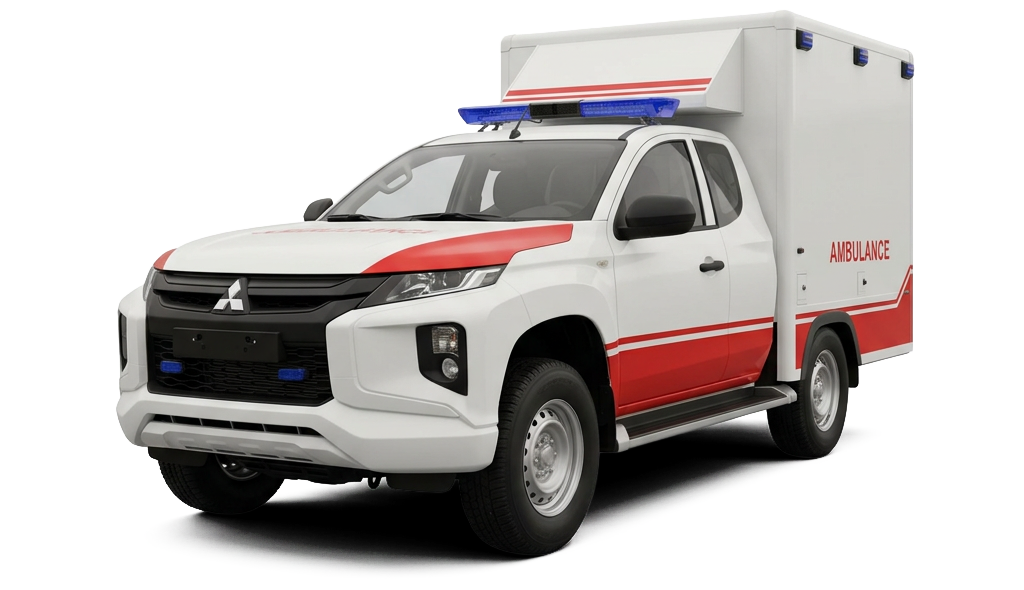 A white and red Mitsubishi ambulance, showcasing its front and side profile against a black background.