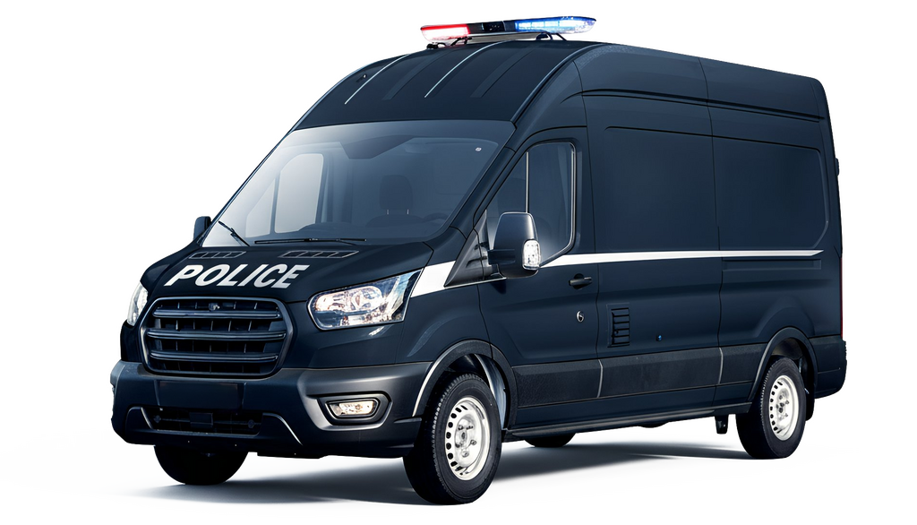A dark blue police van with a light bar on top is set against a black background.