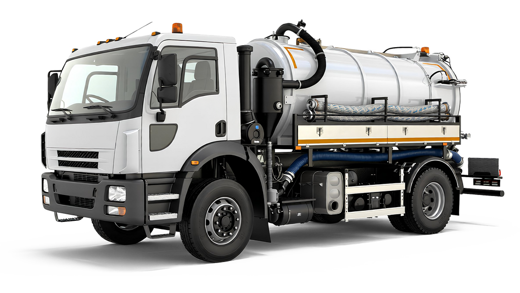 A white vacuum truck with a large, cylindrical tank on the back, set against a solid black background.