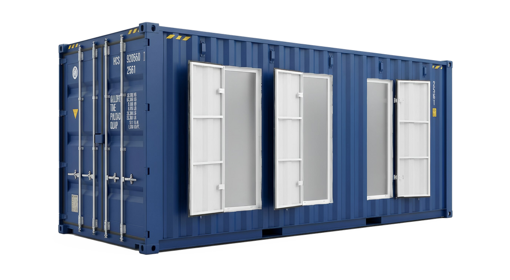 A blue shipping container with open doors, set against a solid gray background.