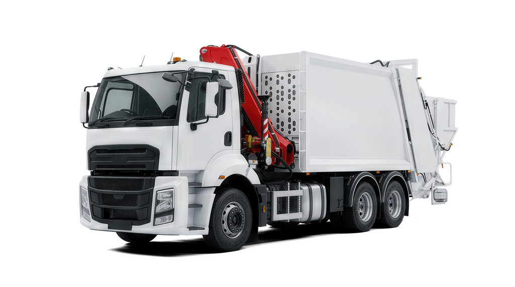 A white garbage truck with a red crane, set against a black background.
