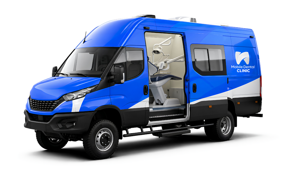 A blue and white mobile dental clinic van, featuring a partial view of a dental chair inside, set against a solid black background.