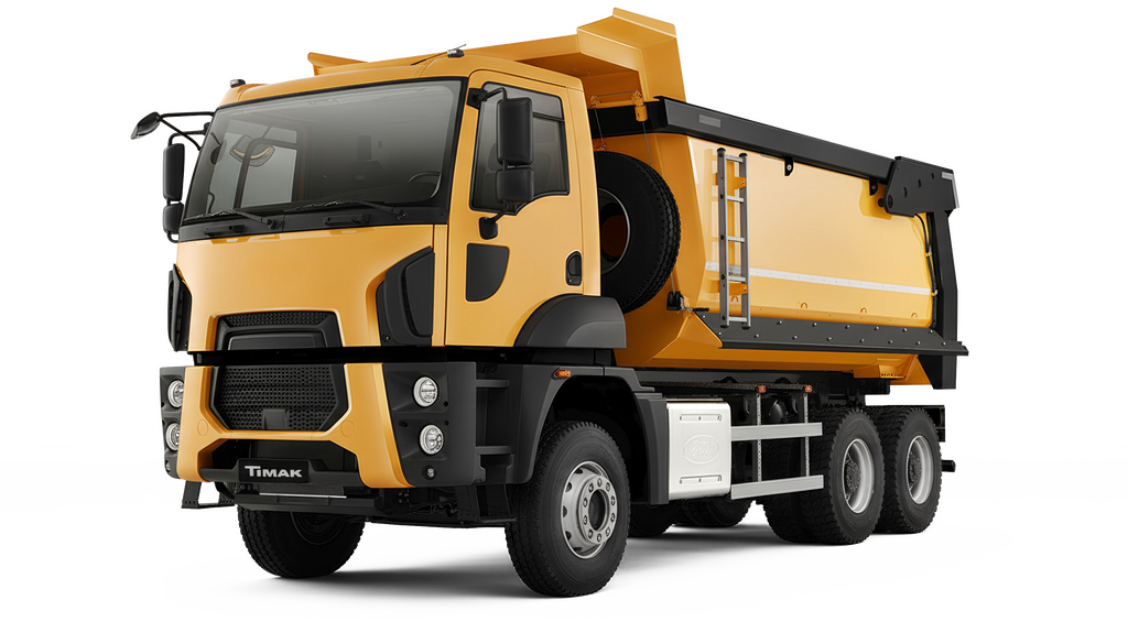 A yellow dump truck in a solid black background, showcasing a side view of the vehicle.