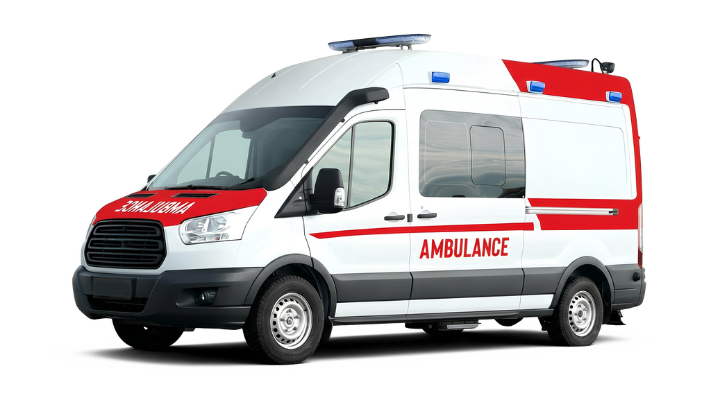 A white and red ambulance, a vehicle designed for emergency medical transportation, set against a black background.