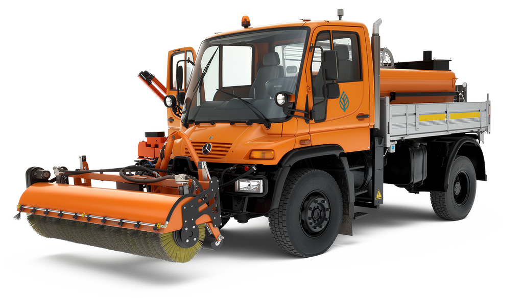 A large orange and white truck with a front-mounted sweeper attachment, set against a black background.