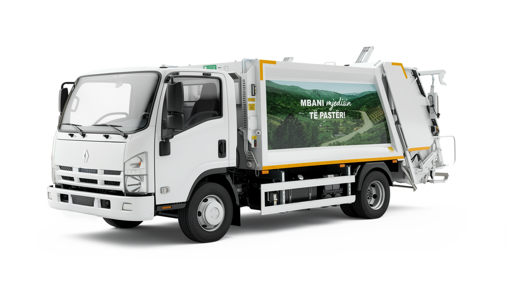 A white garbage truck set against a black background.