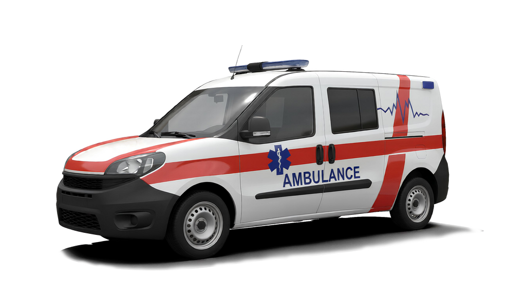 A white and red ambulance, likely in a medical setting.