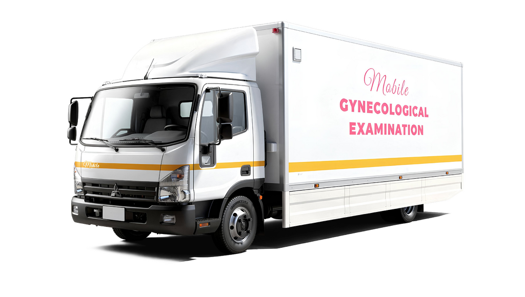 A white mobile gynecological examination vehicle with yellow accents, set against a solid black background.