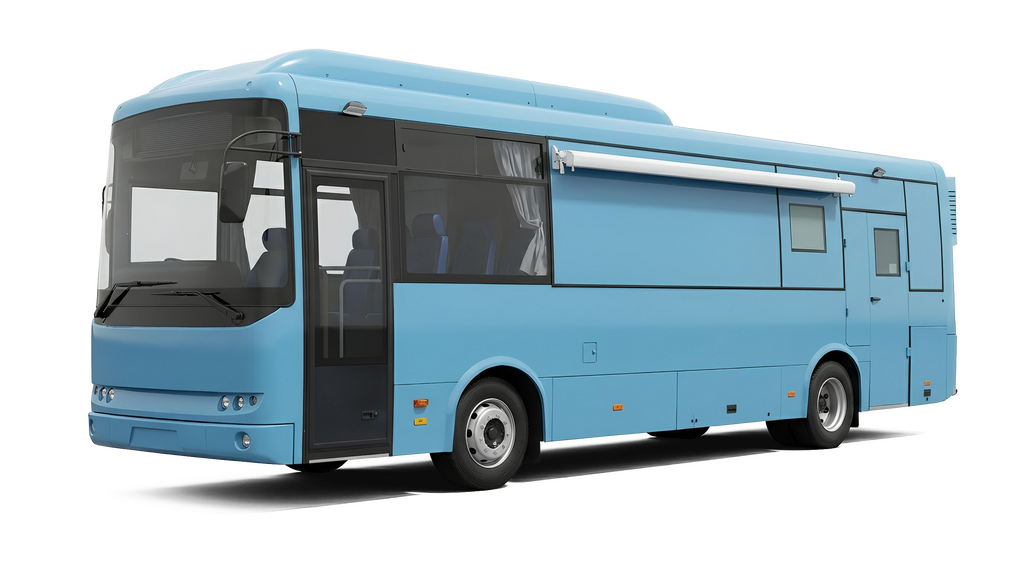 A blue bus, likely a tour bus or coach, set against a solid black background.