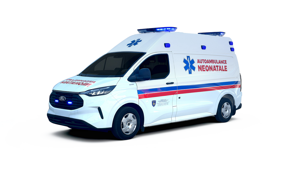 A white Ford Transit ambulance with red and blue stripes, featuring the words 'Autoambulance Neonatale' in red, against a black background.