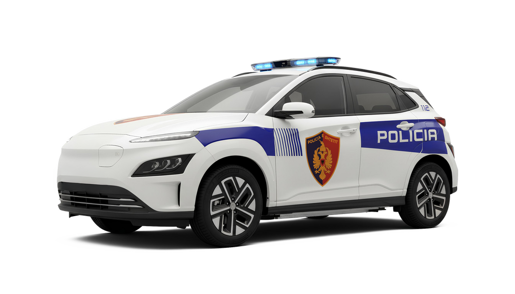 A white police car with blue accents and a light bar on top, set against a dark gray background.