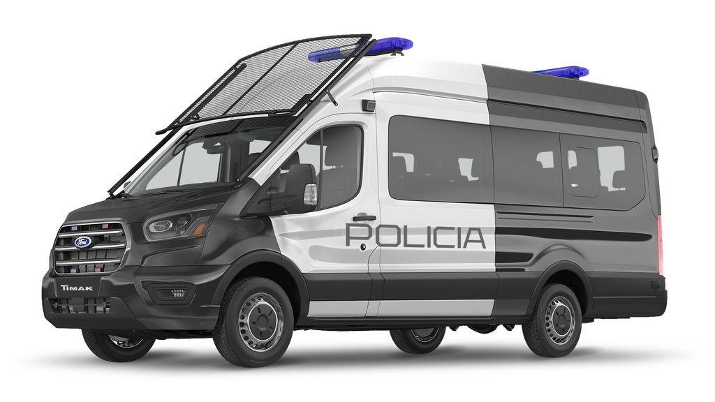 A white and black Ford Transit van with the word "POLICIA" written on the side, set against a solid gray background.