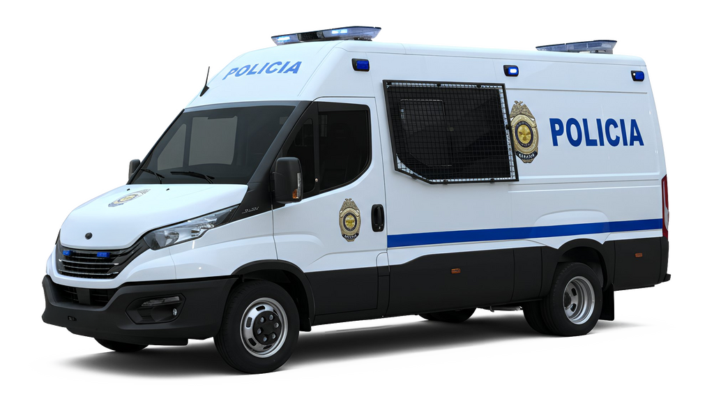 A white police van with a blue stripe and the word "POLICIA" written on it, set against a solid gray background.