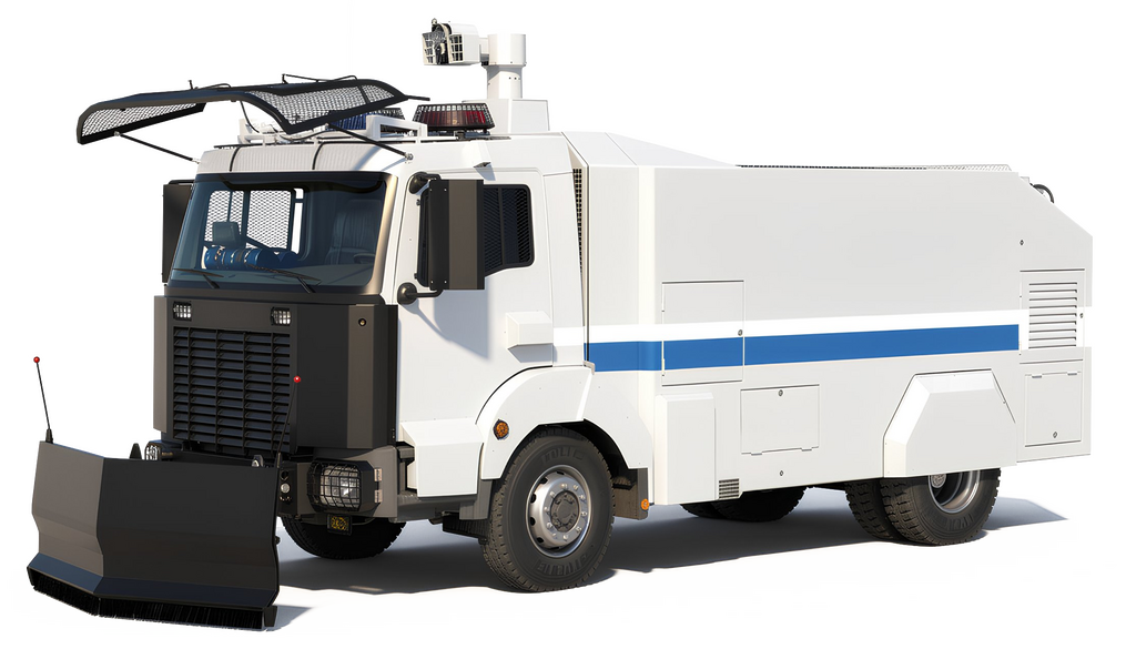 A white armored vehicle with a blue stripe, featuring a large front grill and a flatbed with a black awning, set against a black background.