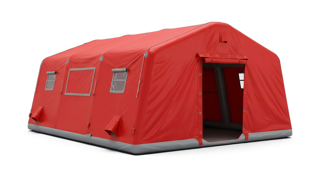 A red, portable, inflatable shelter with a grey base, featuring two windows and a door, set against a black background.