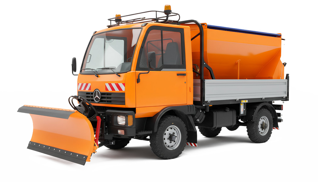 A bright orange Mercedes-Benz snowplow truck, equipped with a plow blade, set against a solid black background.