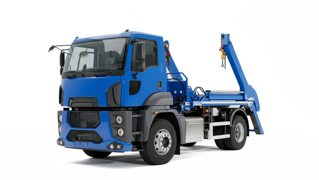 A blue garbage truck is set against a black background.