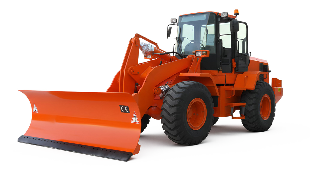 An orange construction vehicle with a large blade, set against a black background.