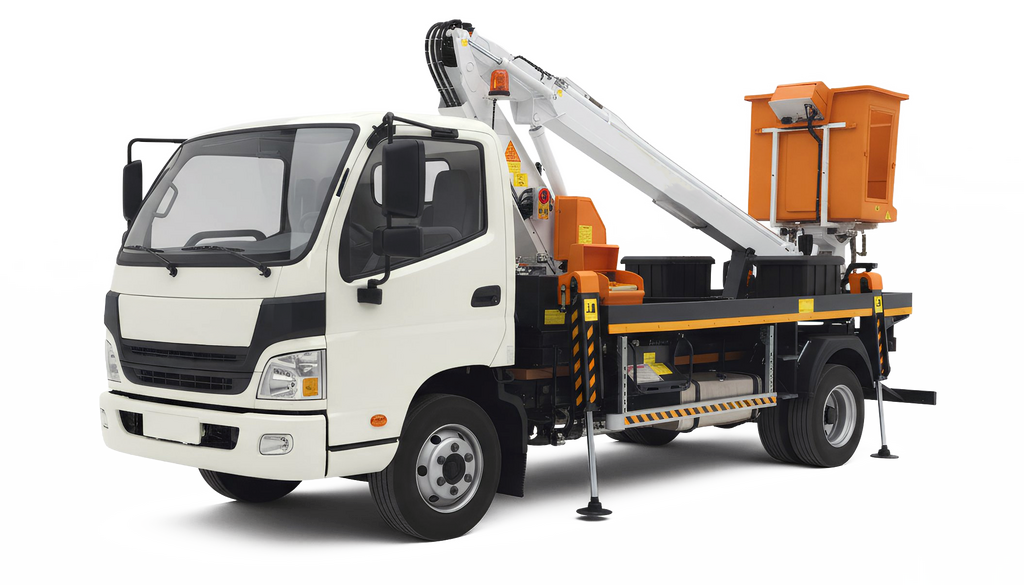 A white and orange truck with a crane, set against a gray background.
