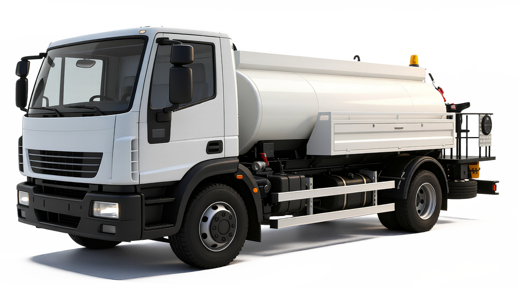 A white water truck with a large tank, positioned against a black background.