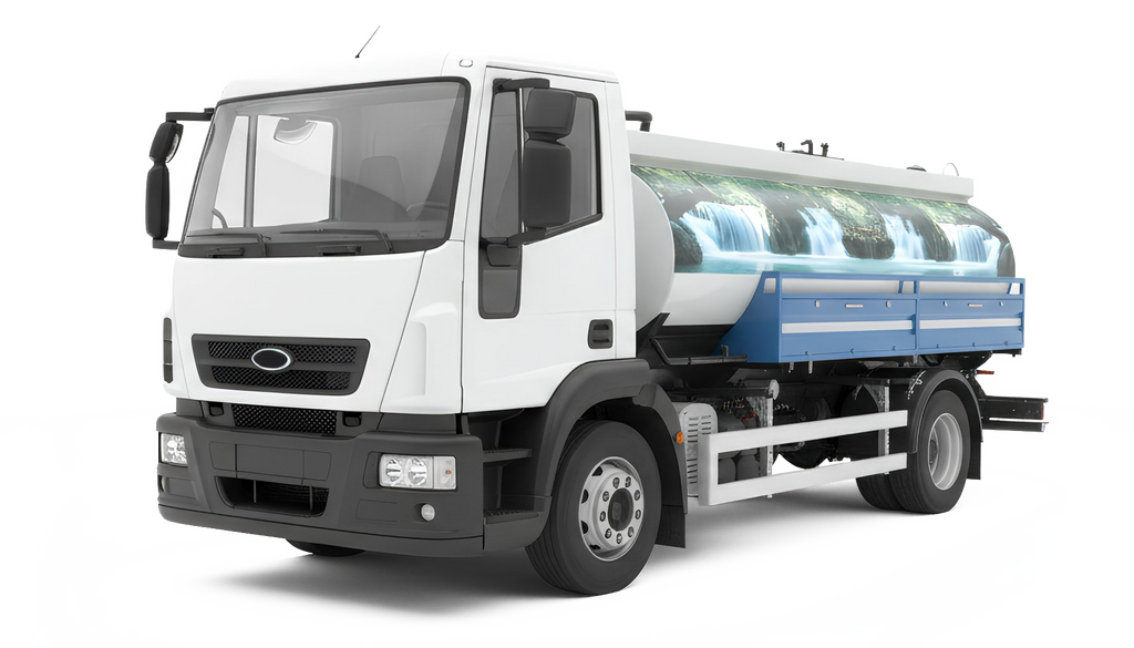 A white tanker truck with a blue tank and black bumper, set against a solid black background.